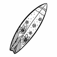 Floral Surfboard Line Art with Tropical Patterns for Coloring Pages vector