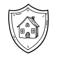 Hand Drawn House Icon on Shield Symbol of Home Protection and Security vector