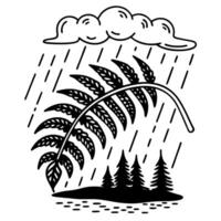Rainy day illustration with fern leaf, cloud, and trees nature, weather and forest concept vector