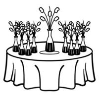 Elegant floral arrangement on round table with vase centerpiece and decorative bottles vector