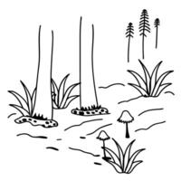 black and white nature illustration, trees, mushrooms, and plants in a simple forest scene vector