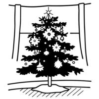 decorated christmas tree in front of window with ornaments and stars festive holiday indoor scene in black and white design vector