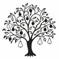Stylized Pear Tree with Fruit and Leaves in Black and White Illustration vector