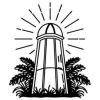 illustrated lighthouse surrounded by foliage with radiant beams, symbolizing guidance and hope vector