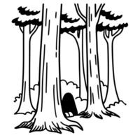 Woodland scene with tall trees and hidden cave in forest, simplistic black and white illustration vector