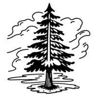 Illustration of tall pine tree with curved branches, minimalist art with black and white design vector