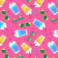 Seamless summer pattern with refreshing drinks, beer, sunglasses colorful confetti circles on pink background fun, tropical and bright design for seasonal web background projects textile vector