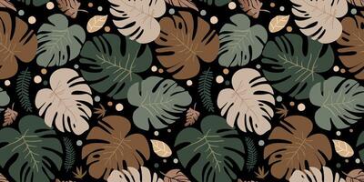 Seamless boho style monstera leaf pattern, natural earthy colors on a dark background, tropical leaf design in bohemian style, texture for textile and print vector