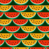 Seamless watermelon slice pattern, bright red and yellow on a dark green background, summer fruit design, texture for textiles and print vector