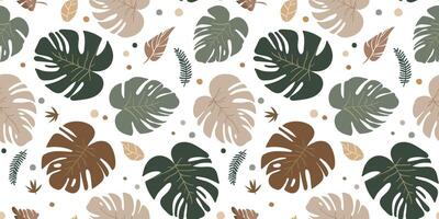 Seamless boho style monstera leaf pattern, natural pastel earthy colors on light background, bohemian style tropical leaf design, texture for textile and print vector