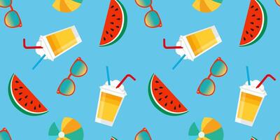 Seamless summer pattern with watermelon slices, cocktail drinks and sunglasses, light blue background, fun tropical design, texture for textiles and print vector