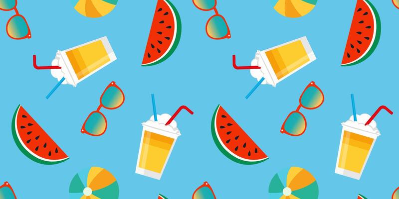 Seamless summer pattern with watermelon slices, cocktail drinks and sunglasses, light blue background, fun tropical design, texture for textiles and print
