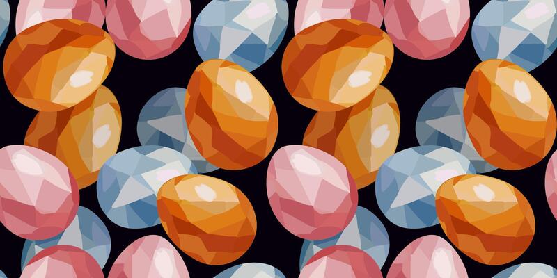 Seamless Easter egg pattern with gouache gemstone texture, bright colors on dark background, elegant spring holiday design, modern art for web decoration cards