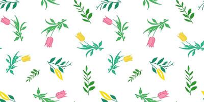Seamless tulips and branches pattern, minimalistic spring floral design, white background, texture for textiles and print vector
