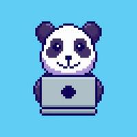 Pixel art Panda Working on Laptop game asset design vector