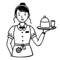 Waitress Holding Tray with Cloche and Drink in Black and White Line Art Illustration vector