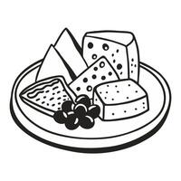 Assorted Cheese Platter with Grapes on a Plate Monochrome Illustration vector