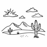 Minimalist Desert Landscape with Cactus and Mountains Illustration vector