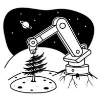 robotic arm planting tree on extraterrestrial surface, futuristic space colonization concept vector