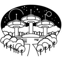 Futuristic cityscape illustration with space themed background and modern architecture vector