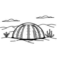 Desert landscape with dome structure and cacti, black and white illustration vector