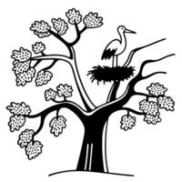 Stork in nest on blooming tree, nature and wildlife in springtime vector