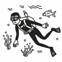 Monochrome Scuba Diver Exploring Underwater Scene with Fish and Coral vector