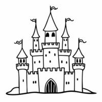 Whimsical Castle Outline with Towers and Flags in Simple Cartoon Style vector