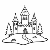 Whimsical Castle Line Art Enchanted Fantasy Illustration with Towers and Trees vector