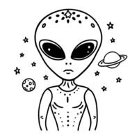 Illustration of Alien with Planets and Stars in Space Hand drawn Extraterrestrial Art vector