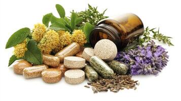 Various herbs and pills with a bottle of pills photo