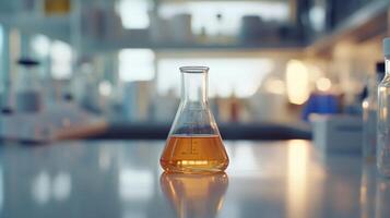 A laboratory flask with liquid in it sitting on a table photo