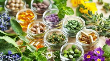 Various herbs and spices in jars photo