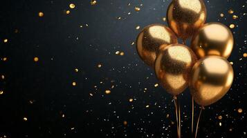 Golden balloons on black background with confetti photo