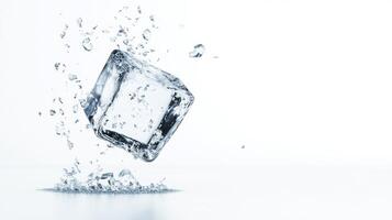 Ice cube falling into water on white background photo