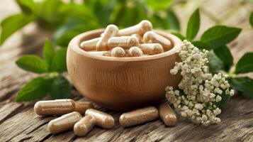 Herbal supplements in a wooden bowl on a wooden table photo