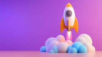 A rocket is flying into the clouds on a purple background photo