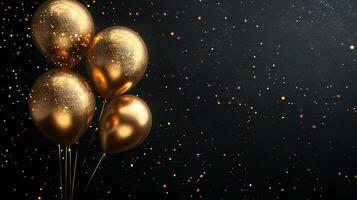 Golden balloons on black background with sparkles photo