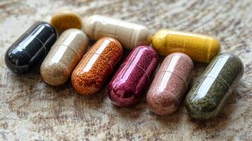 A variety of capsules on a wooden surface photo