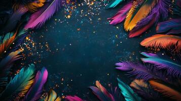 Colorful feathers on a dark background photo