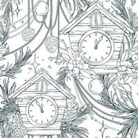 Wooden house clock with cuckoo, pine branches and cones, snowberry, beads, sparkling stars. Christmas, New Year Line art hand-drawn illustration in black and white ink. Seamless pattern EPS vector