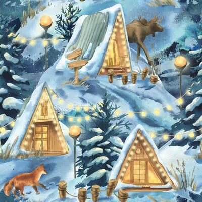 Winter landscape in the night forest with triangular wooden houses, trees, snowdrifts, river, garlands of lights, fox and elk. Watercolor hand-drawn illustration. Seamless pattern landscape scene