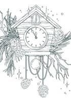 Wooden house clock, pine branches and cones, tree branches, beads, sparkling stars. Christmas, New Year Line art is a simple hand-drawn illustration in black and white ink. Card arrangement vector