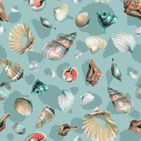 Seashell Pattern on blue background. Hand drawn watercolor seamless ornament with Sea Shells for wrapping paper or textile in nautical style. Underwater illustration with cockleshell and scallop vector