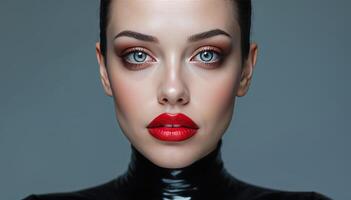 Fashion portrait of beautiful mysterious high-born model with bright makeup on her face and sensual lips. photo