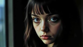 Portrait of a beautiful young girl in a beam of light on a dark background. photo