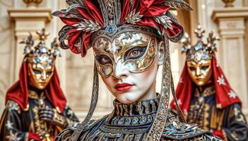 A beautiful stranger at a Venetian carnival smiles mysteriously and tenderly. photo