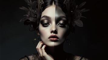 Portrait of a beautiful young girl in a beam of light on a dark background.. photo