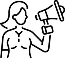 A protesting woman holding a loudspeaker, line style icon vector