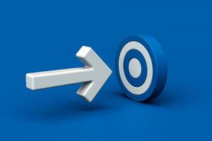 3D minimal white arrow pointing toward blue target, symbolizing goal achievement, strategy, focus, and direction, 3d rendering photo